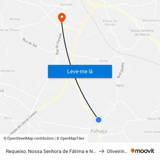 Requeixo, Nossa Senhora de Fátima e Nariz to Oliveirinha map