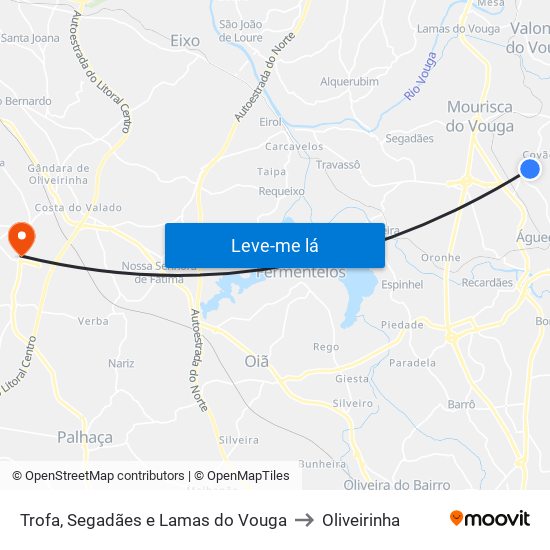 Trofa, Segadães e Lamas do Vouga to Oliveirinha map