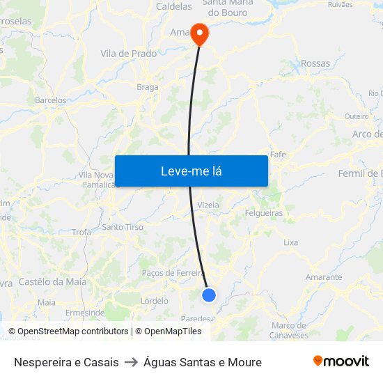 Nespereira e Casais to Águas Santas e Moure map