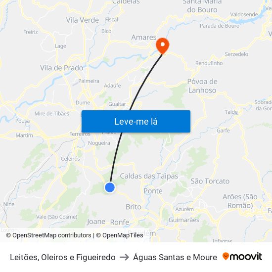 Leitões, Oleiros e Figueiredo to Águas Santas e Moure map