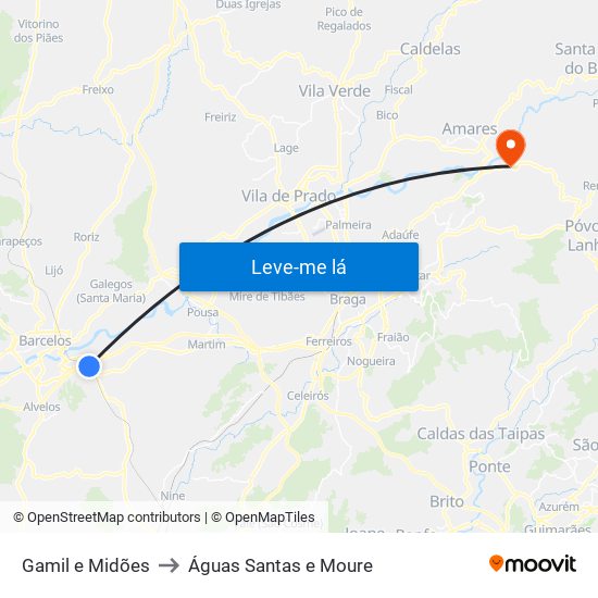 Gamil e Midões to Águas Santas e Moure map