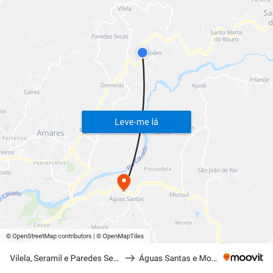 Vilela, Seramil e Paredes Secas to Águas Santas e Moure map