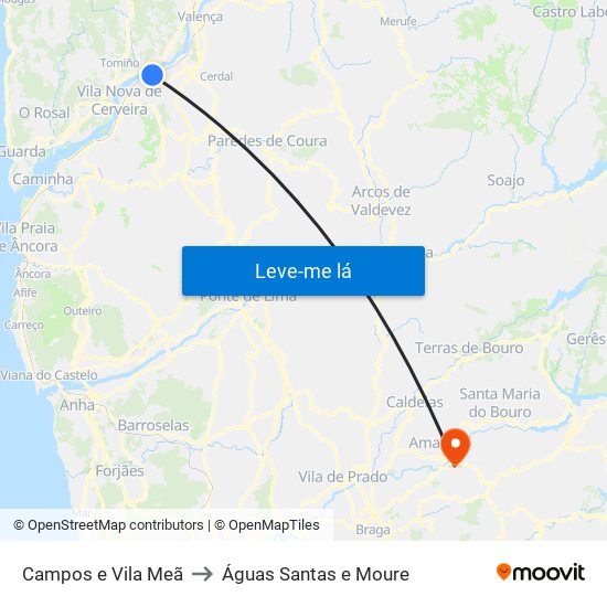 Campos e Vila Meã to Águas Santas e Moure map