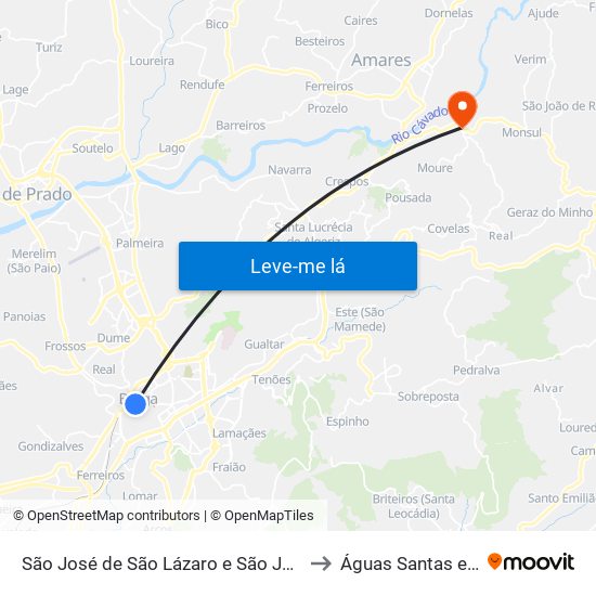 São José de São Lázaro e São João do Souto to Águas Santas e Moure map