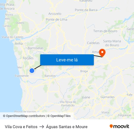Vila Cova e Feitos to Águas Santas e Moure map