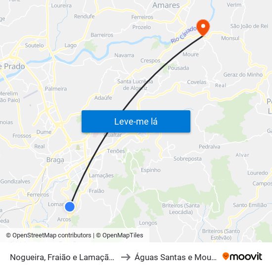 Nogueira, Fraião e Lamaçães to Águas Santas e Moure map