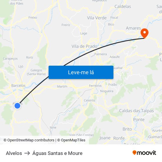 Alvelos to Águas Santas e Moure map