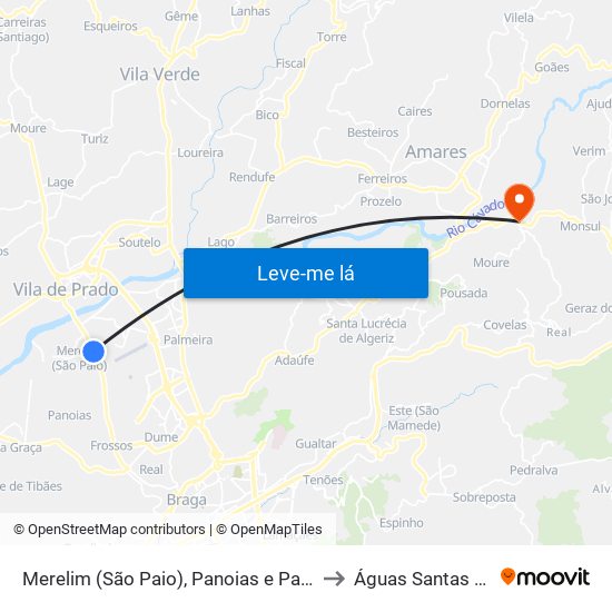 Merelim (São Paio), Panoias e Parada de Tibães to Águas Santas e Moure map