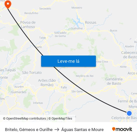 Britelo, Gémeos e Ourilhe to Águas Santas e Moure map