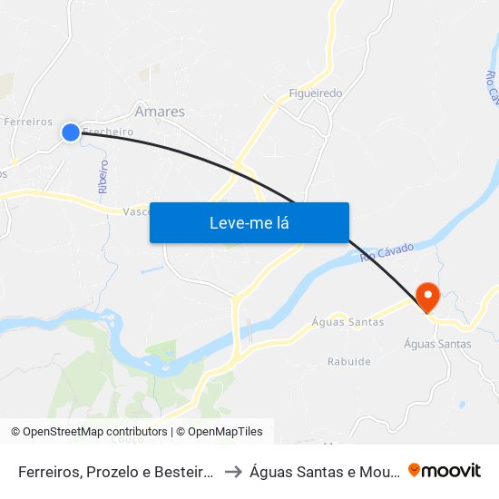 Ferreiros, Prozelo e Besteiros to Águas Santas e Moure map