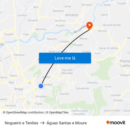 Nogueiró e Tenões to Águas Santas e Moure map