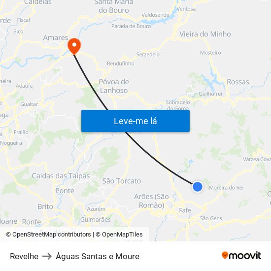Revelhe to Águas Santas e Moure map
