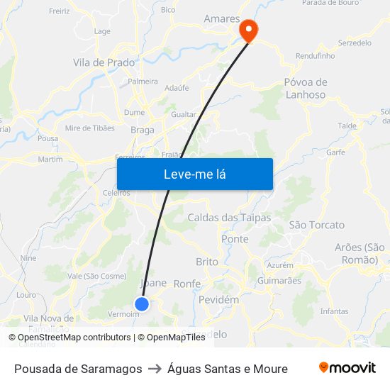 Pousada de Saramagos to Águas Santas e Moure map