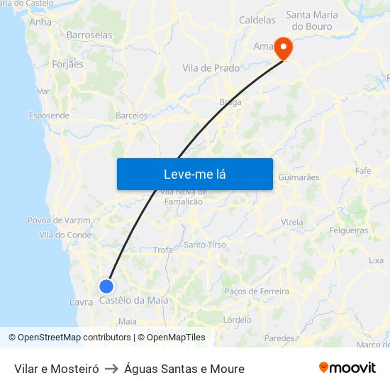 Vilar e Mosteiró to Águas Santas e Moure map