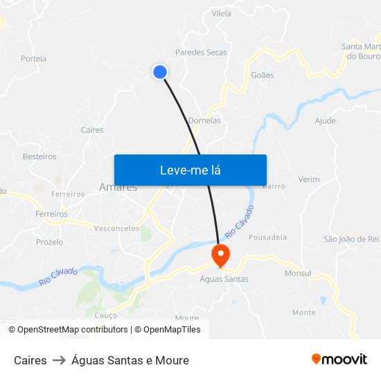 Caires to Águas Santas e Moure map