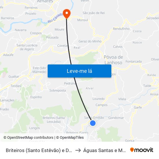 Briteiros (Santo Estêvão) e Donim to Águas Santas e Moure map