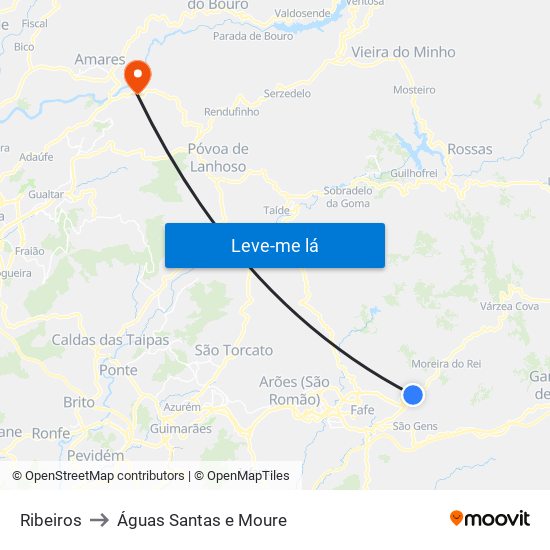 Ribeiros to Águas Santas e Moure map