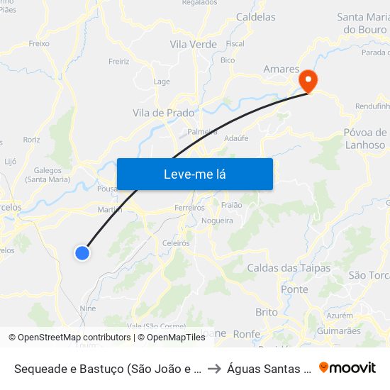 Sequeade e Bastuço (São João e Santo Estêvão) to Águas Santas e Moure map