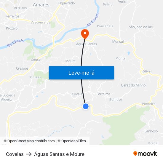 Covelas to Águas Santas e Moure map