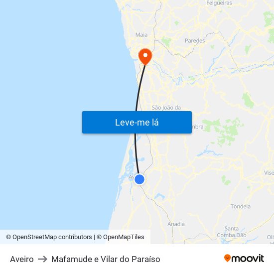 Aveiro to Mafamude e Vilar do Paraíso map