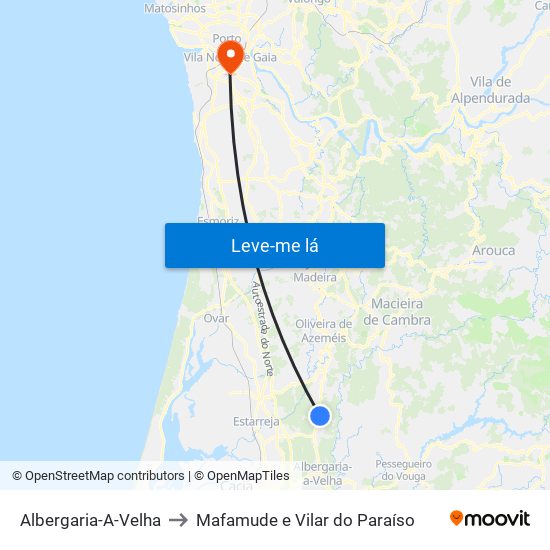 Albergaria-A-Velha to Mafamude e Vilar do Paraíso map