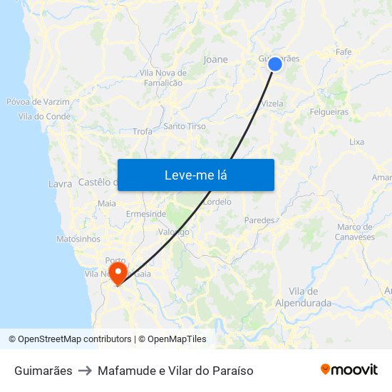 Guimarães to Mafamude e Vilar do Paraíso map