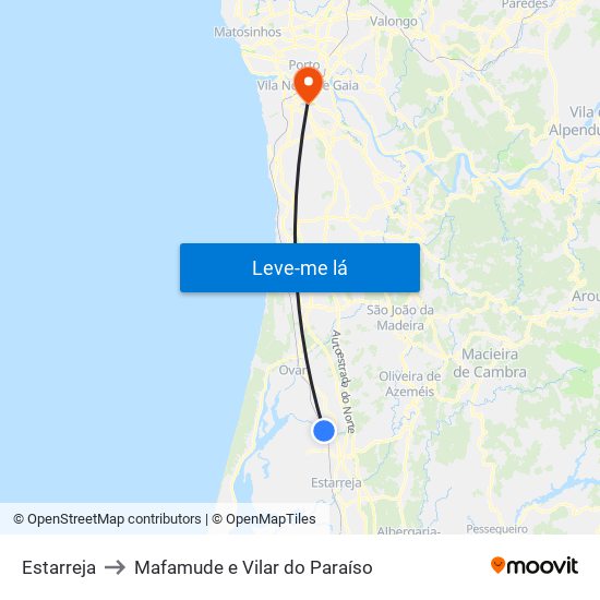 Estarreja to Mafamude e Vilar do Paraíso map