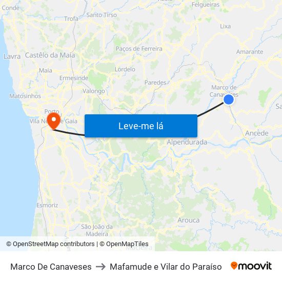 Marco De Canaveses to Mafamude e Vilar do Paraíso map