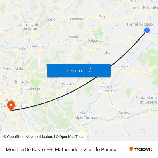 Mondim De Basto to Mafamude e Vilar do Paraíso map