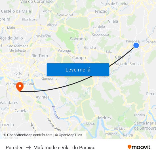 Paredes to Mafamude e Vilar do Paraíso map