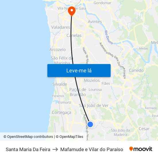 Santa Maria Da Feira to Mafamude e Vilar do Paraíso map