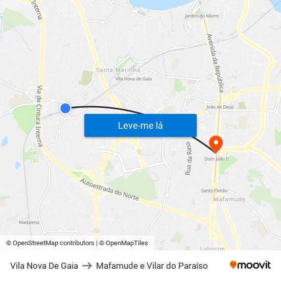 Vila Nova De Gaia to Mafamude e Vilar do Paraíso map