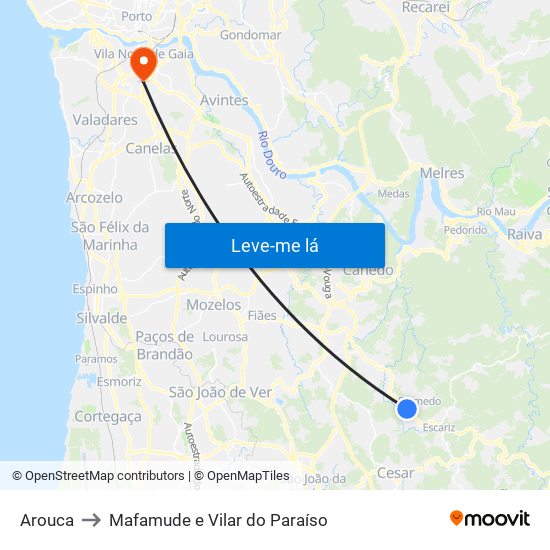 Arouca to Mafamude e Vilar do Paraíso map