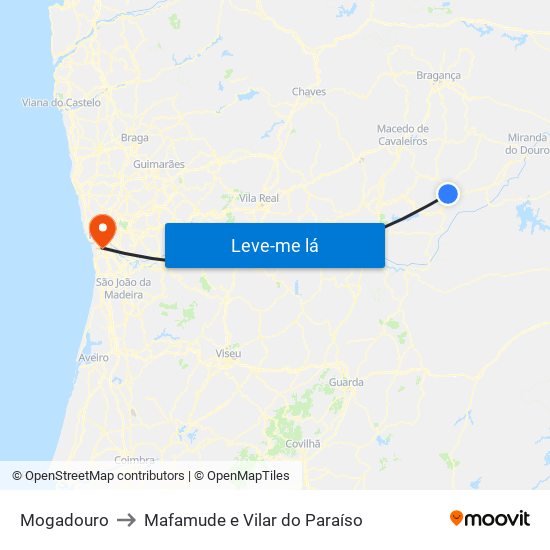 Mogadouro to Mafamude e Vilar do Paraíso map