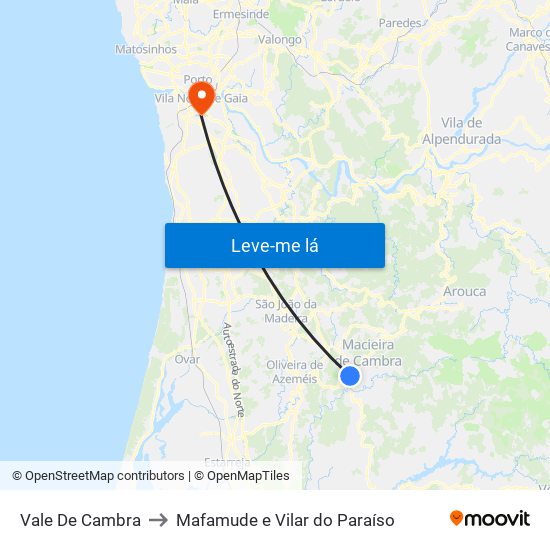 Vale De Cambra to Mafamude e Vilar do Paraíso map