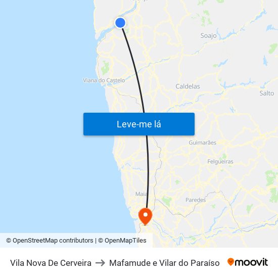 Vila Nova De Cerveira to Mafamude e Vilar do Paraíso map