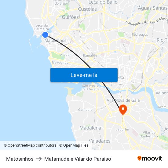 Matosinhos to Mafamude e Vilar do Paraíso map