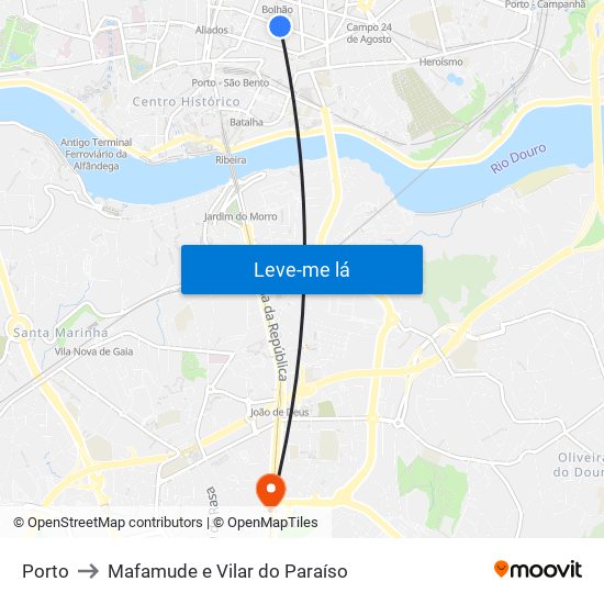 Porto to Mafamude e Vilar do Paraíso map