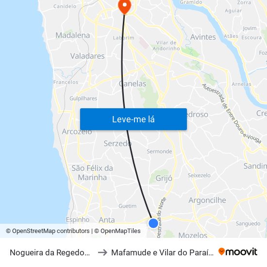 Nogueira da Regedoura to Mafamude e Vilar do Paraíso map