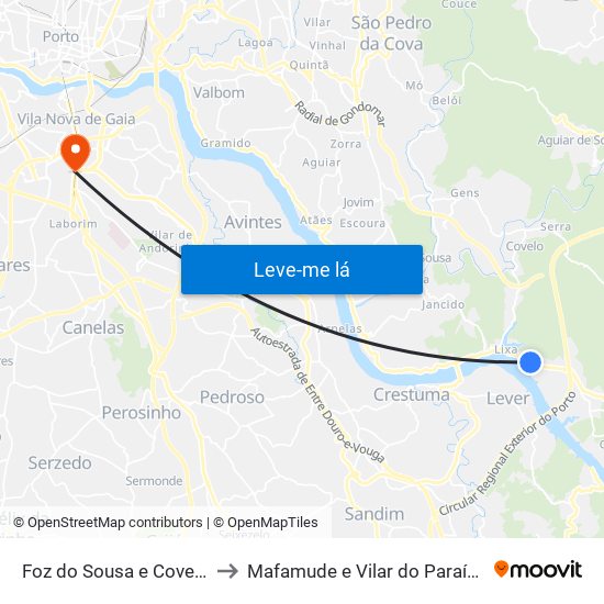 Foz do Sousa e Covelo to Mafamude e Vilar do Paraíso map