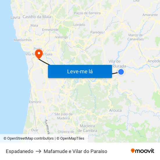 Espadanedo to Mafamude e Vilar do Paraíso map