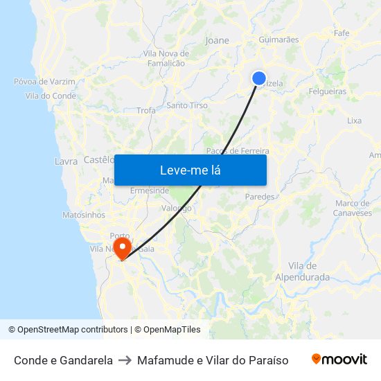 Conde e Gandarela to Mafamude e Vilar do Paraíso map