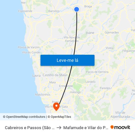 Cabreiros e Passos (São Julião) to Mafamude e Vilar do Paraíso map