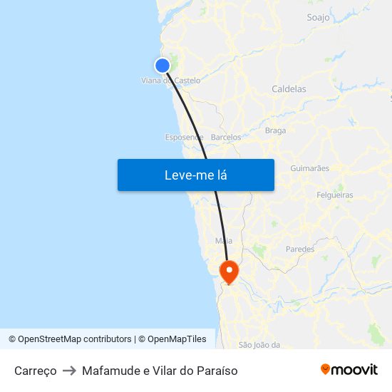 Carreço to Mafamude e Vilar do Paraíso map