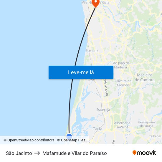 São Jacinto to Mafamude e Vilar do Paraíso map