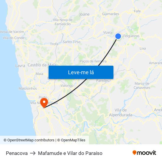 Penacova to Mafamude e Vilar do Paraíso map