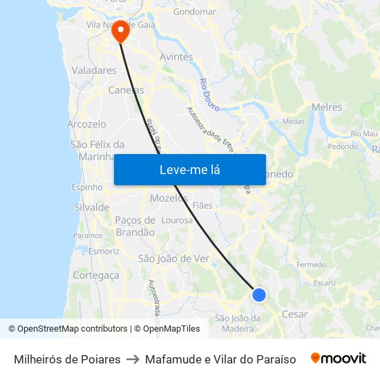 Milheirós de Poiares to Mafamude e Vilar do Paraíso map