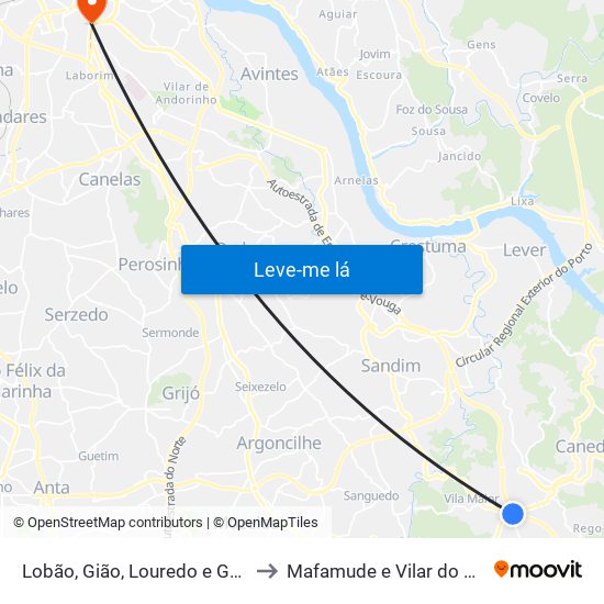 Lobão, Gião, Louredo e Guisande to Mafamude e Vilar do Paraíso map
