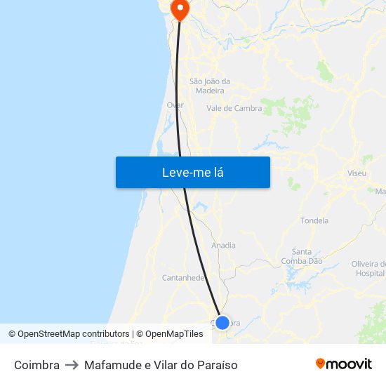 Coimbra to Mafamude e Vilar do Paraíso map