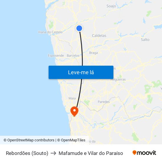 Rebordões (Souto) to Mafamude e Vilar do Paraíso map